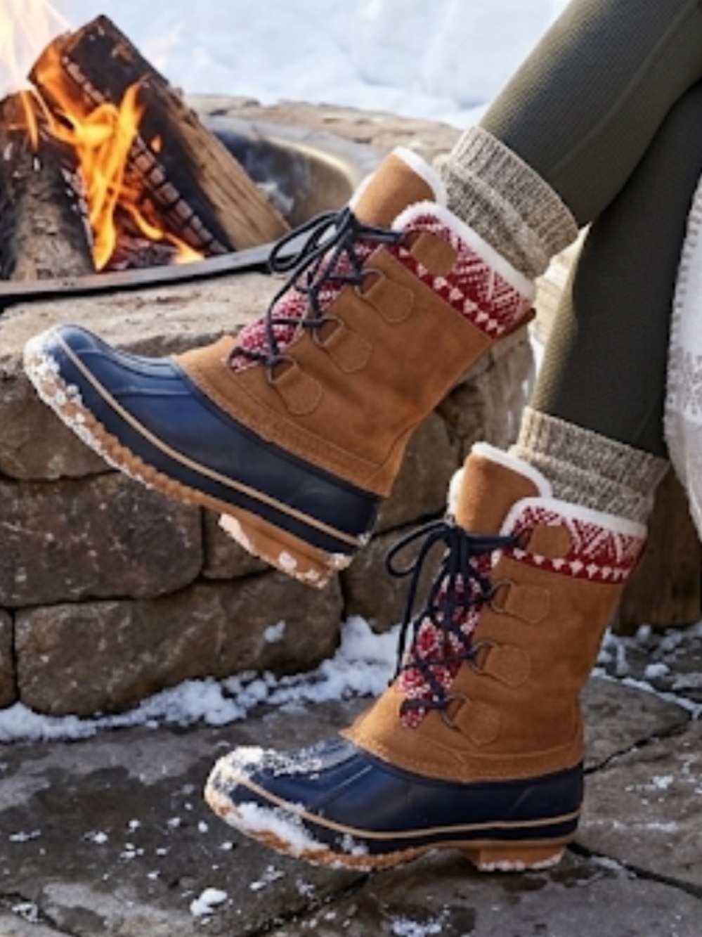 KHOMBU Sherpa Lined Duck Boots Sweater Print Lace Up Boots